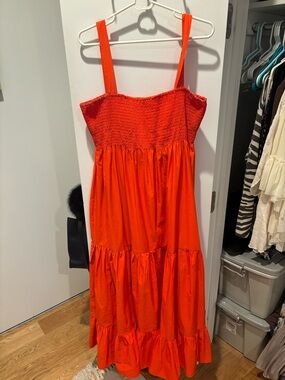 Zara Bright Orange Smocked Tiered Maxi Dress